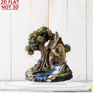 Detailed 2D flat acrylic tree house ornament with pond showing clear printed texture