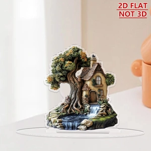 2D flat acrylic treehouse and waterfall ornament for festive home landscape decor