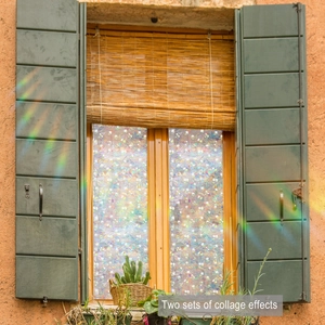 Detail of floral rainbow window film showing colorful refraction and privacy texture
