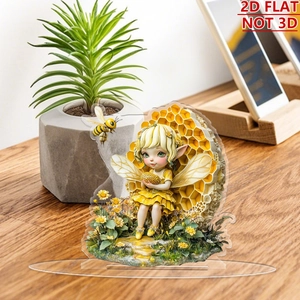 Detailed macro view of a 2D flat acrylic bee fairy ornament on a warm wooden tabletop