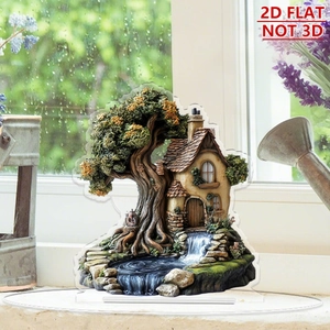 Detailed 2D flat acrylic ornament showing a magical woodland house with vibrant fantasy scene