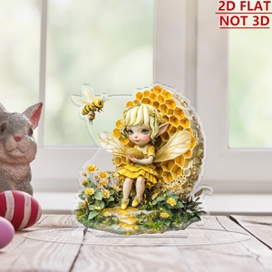 Detailed 2D acrylic garden fairy stand with vibrant bumblebee girl and floral motifs