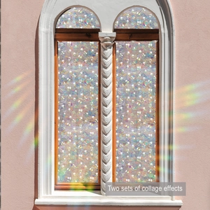 Detail of two sets of rainbow window film collage with white floral patterns