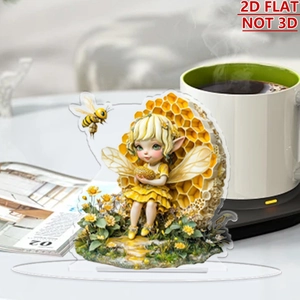Detailed 2D acrylic stand with bee fairy illustration on flat white table background
