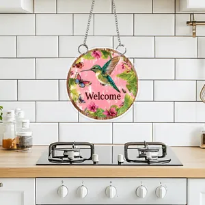 Flat 2D acrylic circular welcome sign with hummingbird and flower pattern decor