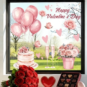 Détails des autocollants de fenêtre de Saint-Valentin avec ballons cœur et gâteau