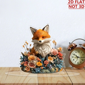Macro detail of 2D acrylic fox figurine standing on its clear round base