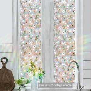 Rainbow window film with floral patterns showing collage effect in a bright kitchen