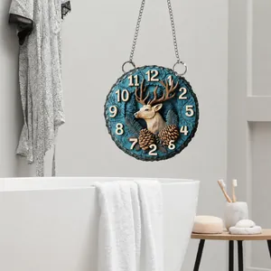 Detailed view of 2D flat acrylic deer and forest sign hanging on a silver chain