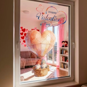 Détail du sticker de fenêtre Saint-Valentin montrant des gnomes dans un ballon en forme de cœur