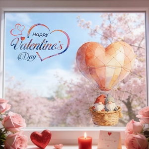 Sticker de fenêtre aquarelle pour la Saint-Valentin avec montgolfière et nains