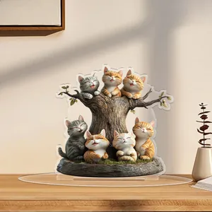 Detailed view of the 2D flat acrylic ornament featuring cute cats on a wooden desk