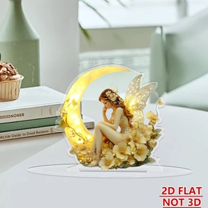 Acrylic 2D flat flower fairy sitting on golden moon ornament with transparent base