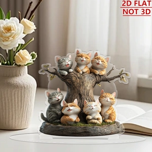 Detailed view of 2D flat acrylic ornament with cute cats and clear stand for home decor