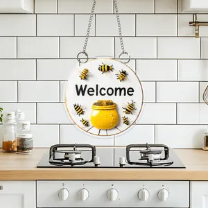 Flat acrylic 2D Welcome sign with bee and honey pot illustration in kitchen setting