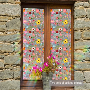 Floral sunflower window privacy film with colorful petals on vintage wooden frames