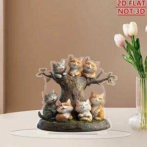 Flat 2D acrylic desktop ornament featuring cute cats around a tree for home decor