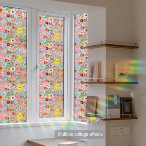 Macro detail of floral privacy window film showing colorful petal patterns and rainbow light