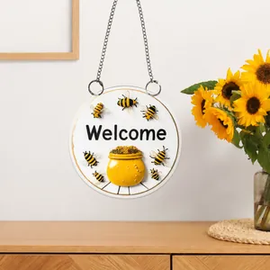 Close-up of 2D flat acrylic Welcome sign with bees and honey jar for garden decor