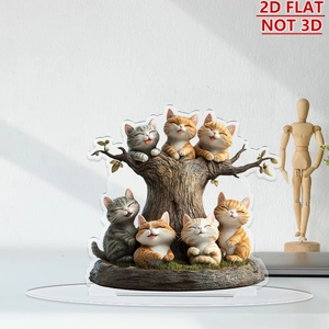 Detailed view of 2D acrylic desktop ornament featuring 7 cute cats with a clear base