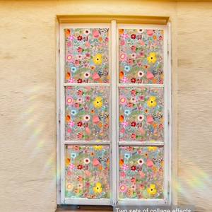 Detail of colorful floral window film on a white frame with rainbow light refraction effect