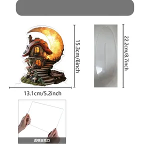 Size chart for 2D acrylic mushroom house ornament with assembly dimensions and notes