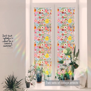 Detail of colorful floral window film showing iridescent light effects on a double window