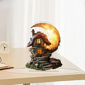 Detailed 2D flat acrylic mushroom house ornament with moon base on a cozy home desk