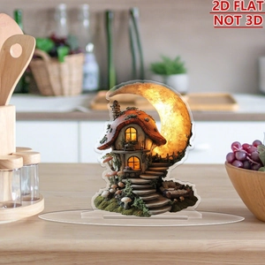 Detailed macro view of 2D flat acrylic fairy mushroom house ornament with crescent moon design