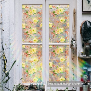 Detail of colorful floral glass film showing rainbow reflection on a white wooden window