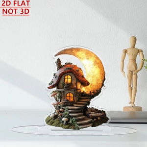 Flat 2D acrylic moon house decor ornament with artistic illustration and clear base