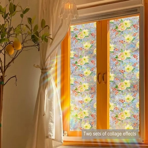 Detail of floral static cling window film with colorful flowers and sun-catching effect