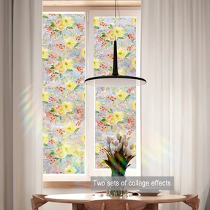 Detail of floral glass window film with rainbow sunlight refraction effect in a dining room