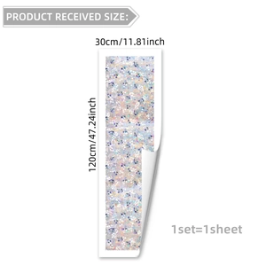Detail of colorful floral glass film showing 30x120cm size and adhesive backing