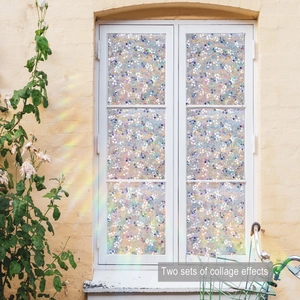 Rainbow floral static cling window film showing iridescent light effects on glass