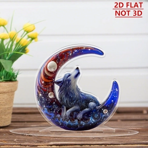 Detailed 2D flat acrylic wolf howling ornament with nebula star patterns and base