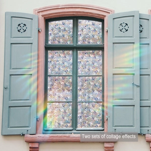 Close-up of decorative floral window film with 3D rainbow refraction on glass