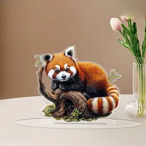 Detailed 2D flat acrylic red panda mushroom house figurine with a transparent base