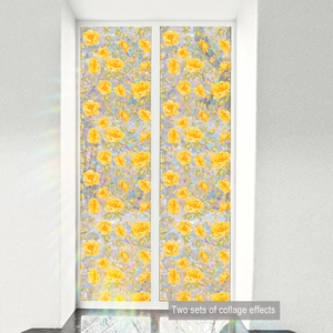 Detail showing two sets of static window film with yellow rose pattern on glass door