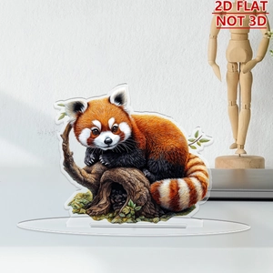 Detailed flat red panda acrylic desk ornament standing on a clear oval base