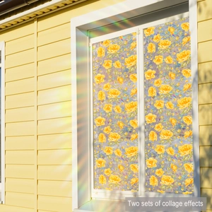 Holographic floral window film with yellow roses and rainbow effect for privacy decor