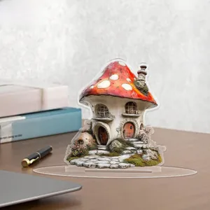 Detailed 2D acrylic mushroom house ornament with stand for desktop holiday decoration