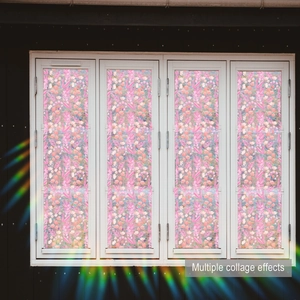 Floral window film with rainbow effect and pink flower patterns for glass decoration