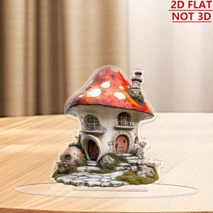 Detailed 2D acrylic mushroom house ornament with transparent base and fairy tale design