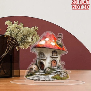 Close-up of a 2D flat acrylic mushroom house ornament with a clear slot base