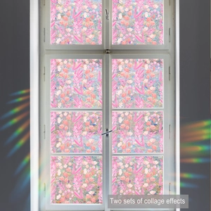 Detail view of pink floral window film with decorative plant patterns on a white wooden frame