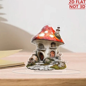 Detailed macro view of 2D acrylic red mushroom house ornament with a clear base stand