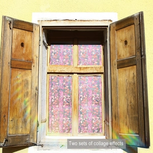 Detailed view of two floral window film sets with colorful sunlight refraction