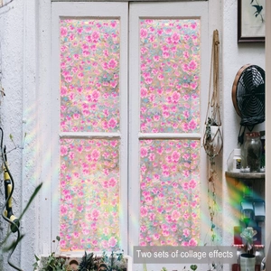 Detail showing pink floral window film with rainbow refractive effect and privacy texture