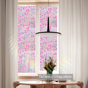 Close-up of frosted floral static window film showing a colorful rainbow light refraction